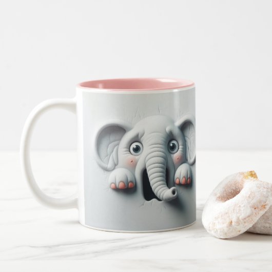 3D angstige olifant grappige dieren Tweekleurige Koffiemok (Met donut)