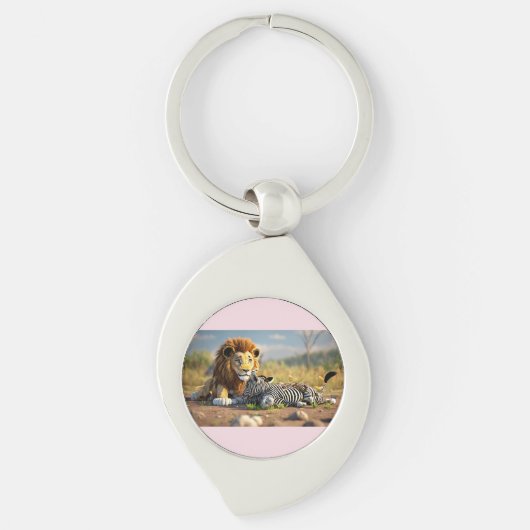 3D-animatie Leeuw die Zebra eet – Wilde Savannah S Sleutelhanger (Voorkant)