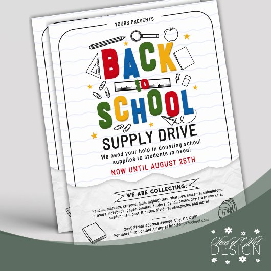 3D Back to School Supply Drive Typografie Donatie Flyer