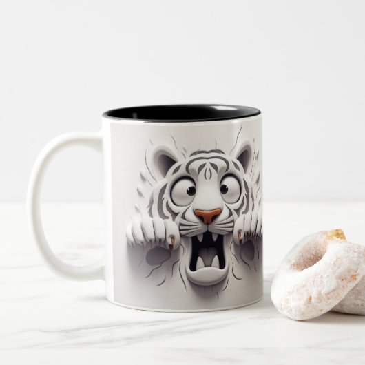 3D Bang Witte Tijger Funny Animals Tweekleurige Koffiemok (Met donut)