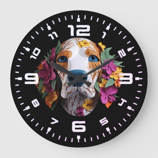 3D Beagle Floral Grote Klok (Voorkant)