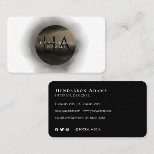 3D Black en Golden Waterverf Monogram Logo Visitekaartje (Voorkant / Achterkant)