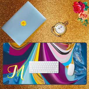 3D Blauw Paars Goud Monogram Vloeibaar Abstract Bureaumat