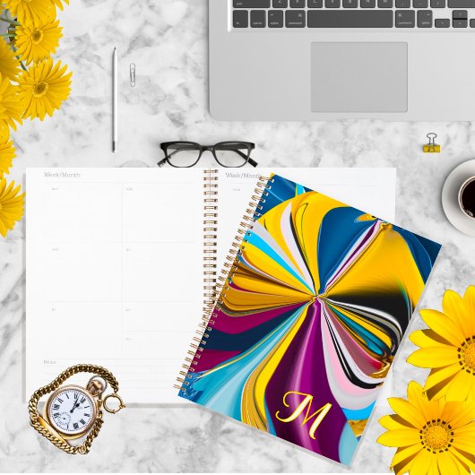 3D Blauw Paarse Goud Monogram Vloeibaar Abstract Planner