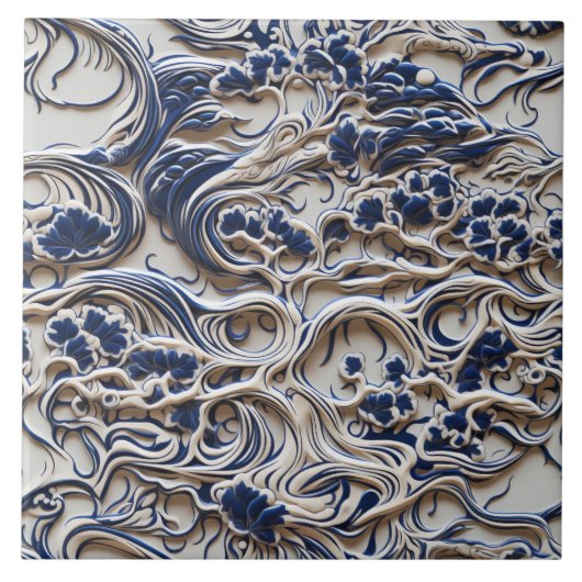 3D Blauwe en Witte Boom, Naadloze, Organische Vorm Tegeltje (Voorkant)