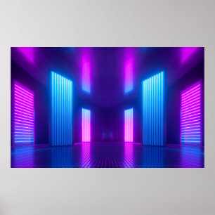 3d, blauwe, roze violet neon abstracte achtergrond poster
