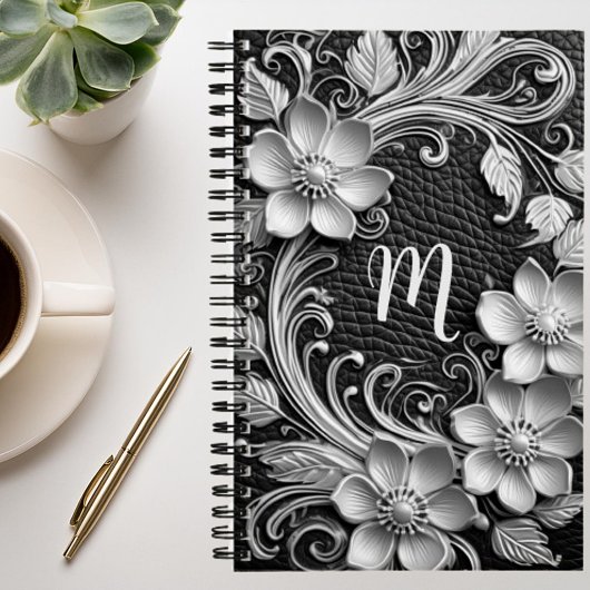 3D Bloemen lijst in reliëf leer look monogram Notitieboek