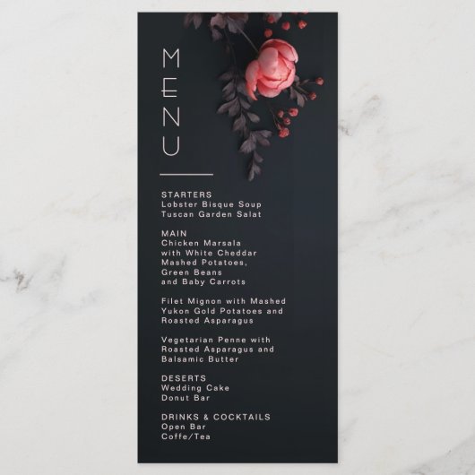 3D Bloemen Roos Donkere Romantische Bruiloft Menu (Voorkant)