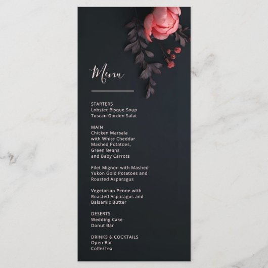 3D Bloemen Roos Donkere Romantische Bruiloft Menu (Voorkant)