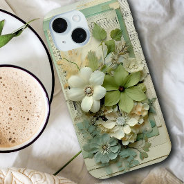 3d bloemenplakboek in Sage Green en White iPhone 15 Case