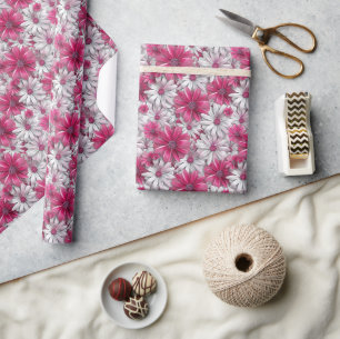 3D Bloempatroon met Hete Roze en Witte Bloemen Cadeaupapier