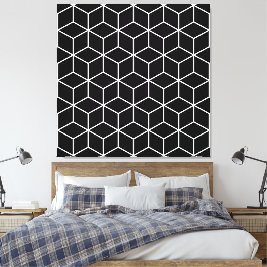3D-blokjes geometrische witte lijn op zwart LG-pat Canvas Afdruk (Insitu (Slaapkamer))