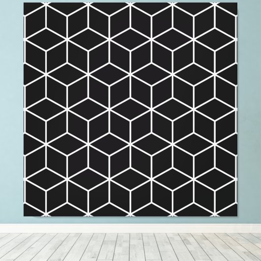 3D-blokjes geometrische witte lijn op zwart LG-pat Canvas Afdruk (Insitu (Houten vloer))