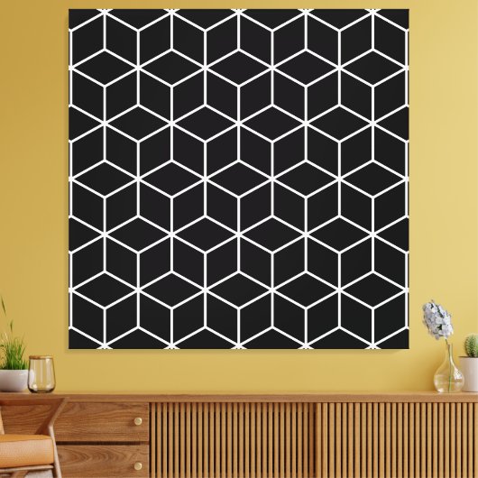 3D-blokjes geometrische witte lijn op zwart LG-pat Canvas Afdruk (Insitu (Woonkamer))
