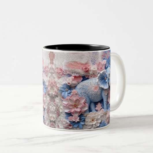 3D Blue Elephant Mok met Bloemen (Voorkant rechts)
