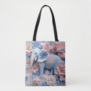 3D Blue Elephant Tas Canvas tas met bloemen