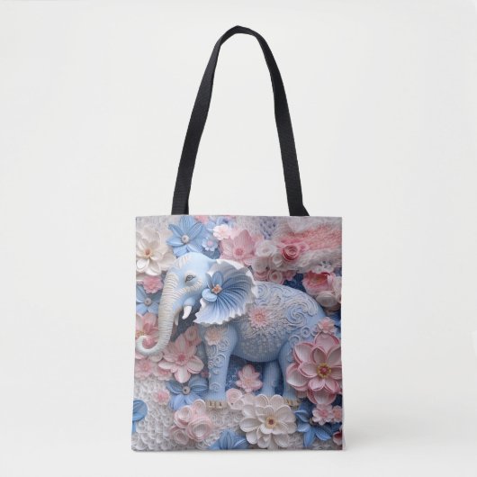3D Blue Elephant Tas Canvas tas met bloemen (Voorkant)