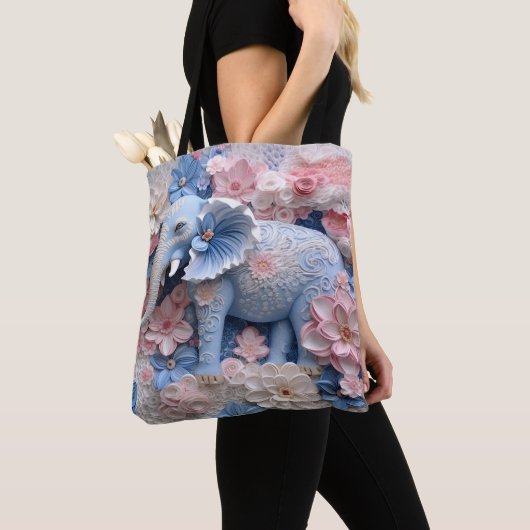 3D Blue Elephant Tas Canvas tas met bloemen (Dichtbij)
