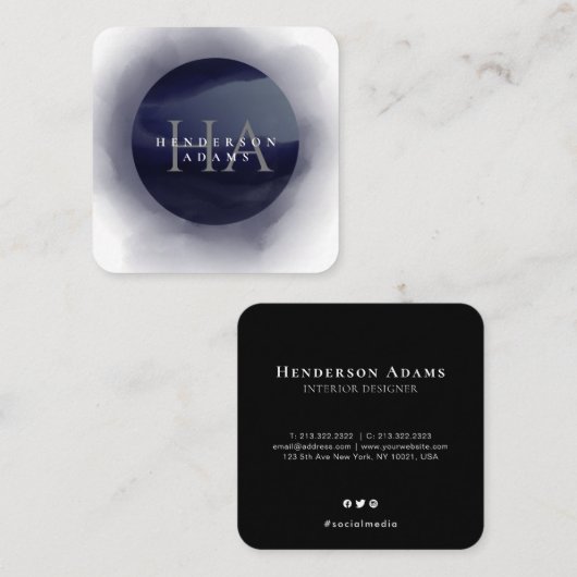 3D Blue en White Waterverf Monogram Logo Vierkante Visitekaartje (Voorkant / Achterkant)