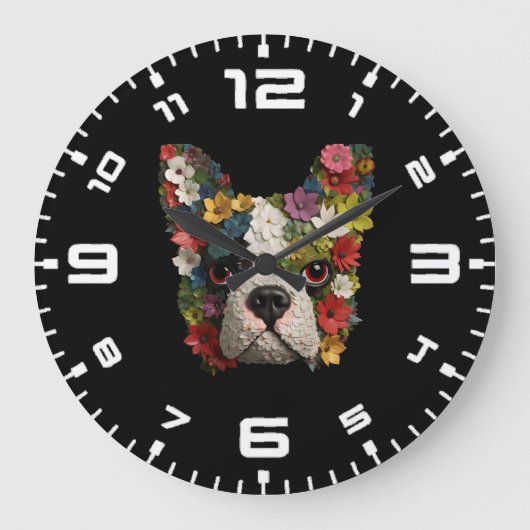 3D Boston Terrier Bloemen Grote Klok (Voorkant)