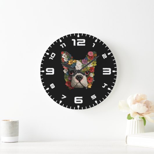 3D Boston Terrier Bloemen Grote Klok (Huis)