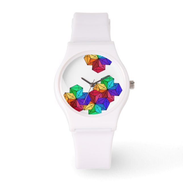 3D Bright Rainbow Random Cube Driehoeken op Wit Horloge (Voorkant)
