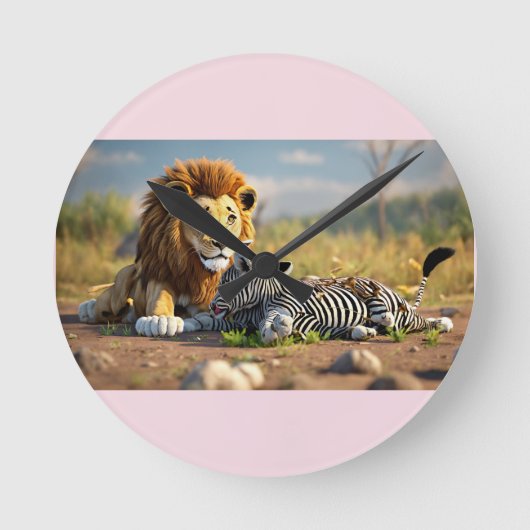 3D Cartoon Lion Eating Zebra – Wild Savannah Scene Ronde Klok (Voorkant)