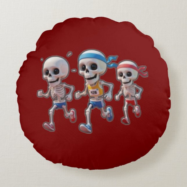 “3D Cartoon Skeleton Race • Funny Running Skeleton Rond Kussen (Voorkant)