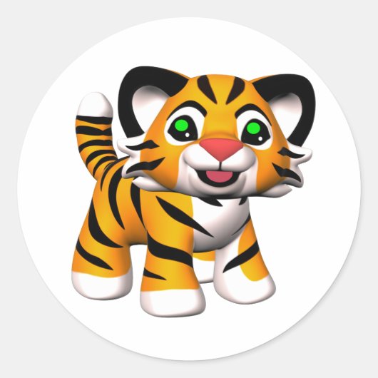 3D Cartoon Tijger Cub Ronde Sticker (Voorkant)