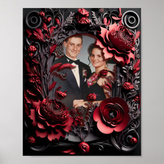 3D Carved Black en Red Floral Lijst Poster
