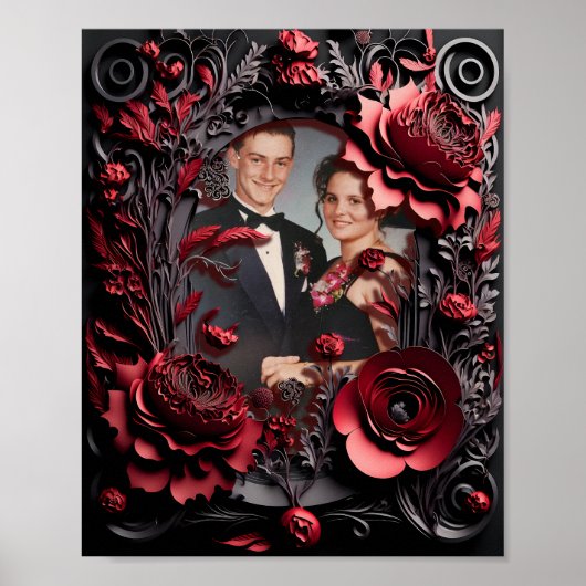 3D Carved Black en Red Floral Lijst Poster (Voorkant)
