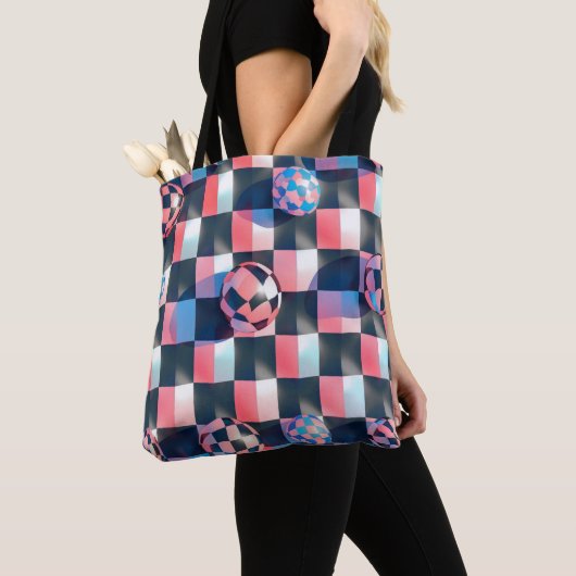 3D Checkerboard Grid with Floating Spheres Pattern Tote Bag (Dichtbij)