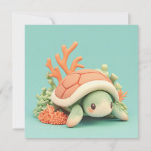 3D Clay Sea Turtle with Orange Coral Reef Postcard