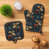 3D Cute Christmas Moose In Sweater Kitchen Ovenwant & Pannenlap Set (Top down)