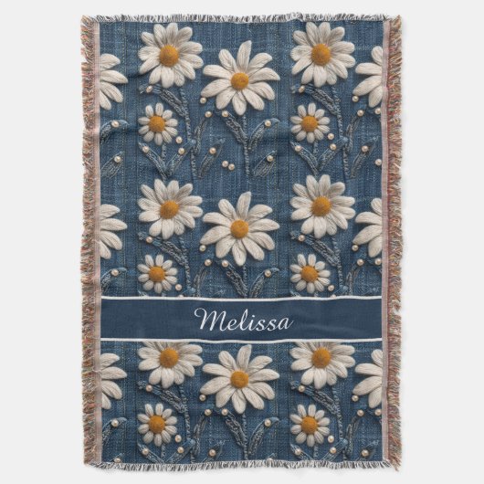 3D Daisy Borduurwerk Denim Aangepaste Deken  (Voorkant Verticaal)