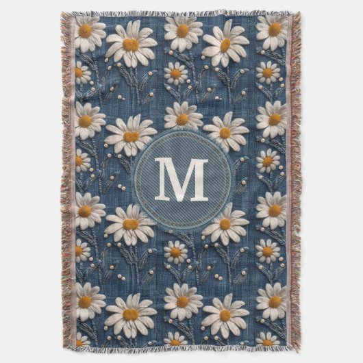 3D Daisy Embroidery Denim Custom Blanket  Deken (Voorkant Verticaal)