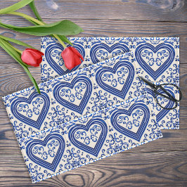 3D Delft Tegel Kijk Romantic Hearts - Blauw op crè Tissuepapier