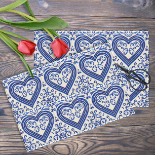 3D Delft Tegel Kijk Romantic Hearts - Blauw op crè Tissuepapier