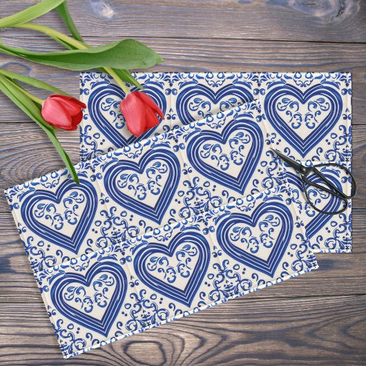 3D Delft Tegel Kijk Romantic Hearts - Blauw op crè Tissuepapier