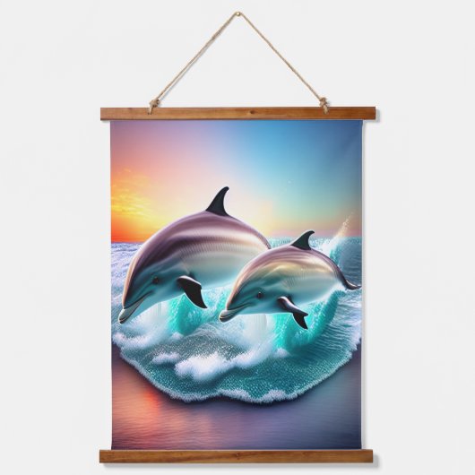 3D Dolfijnen Ocean Sunset Tropical Beach Vibe Hangend Wandkleed (Voorkant)