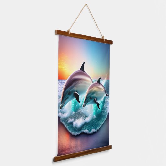 3D Dolfijnen Ocean Sunset Tropical Beach Vibe Hangend Wandkleed (Gebogen)