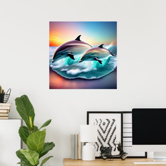 3D Dolfijnen Ocean Sunset Tropical Beach Vibe Poster (Thuiskantoor)