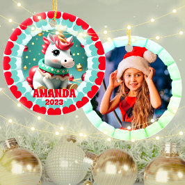 3D Eenhoorn Kerst Aangepaste Kinder Foto Keramisch Ornament