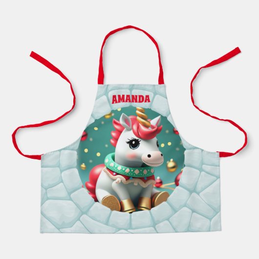 3D Eenhoorn Kerst Gepersonaliseerde Kinderen Schort (Voorkant)