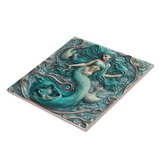 3D-effect Aqua Marine Ceramic Tegel Mermaid Design Tegeltje (Zijkant)