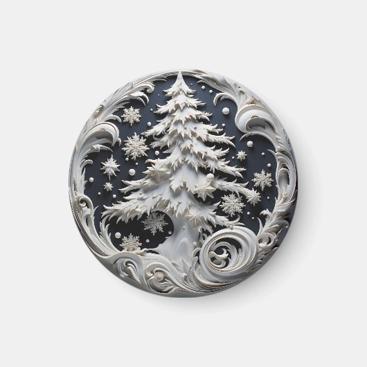 3D Effect Christmas Tree Round Magnet (Voorkant)