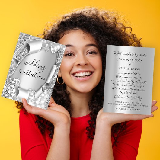 3D-effect op bruiloft Elegant Grey Silver Glitter Kaart