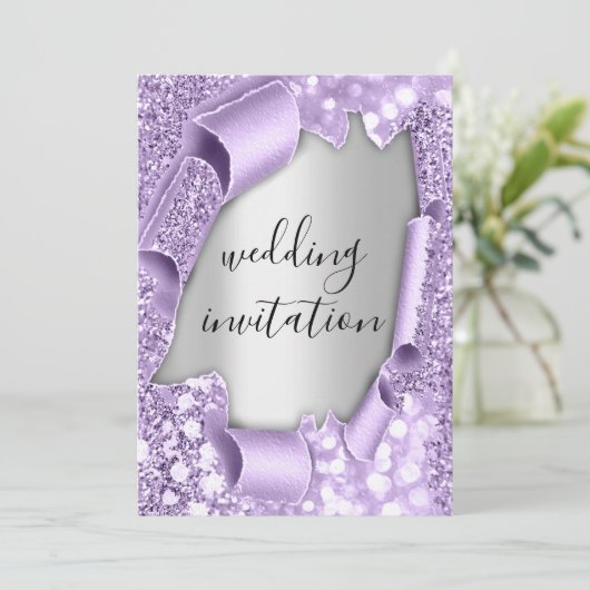 3D-effect op bruiloft Elegant Paars Silver Glitter Kaart (Staand voorkant)