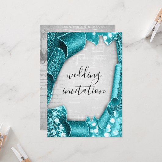 3D-effect - Zilver Grey Blauwgroen muziek Kaart (Voorkant / Achterkant in situ)