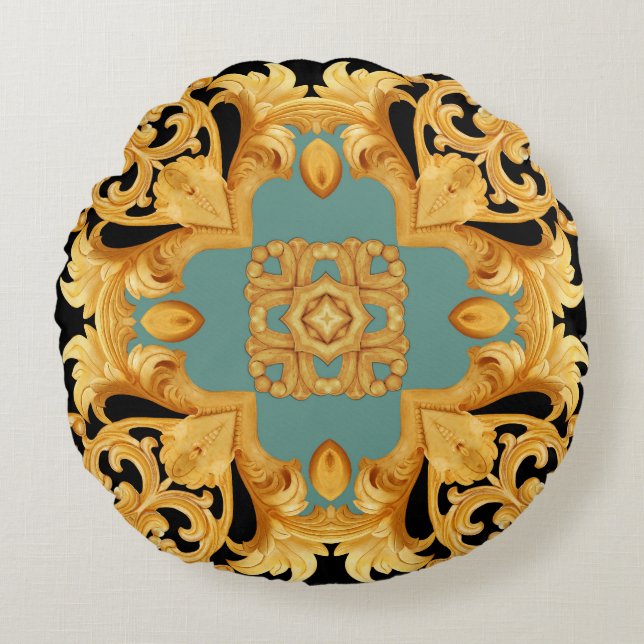 3D-elementen van Golden Baroque Ornament Rond Kussen (Voorkant)